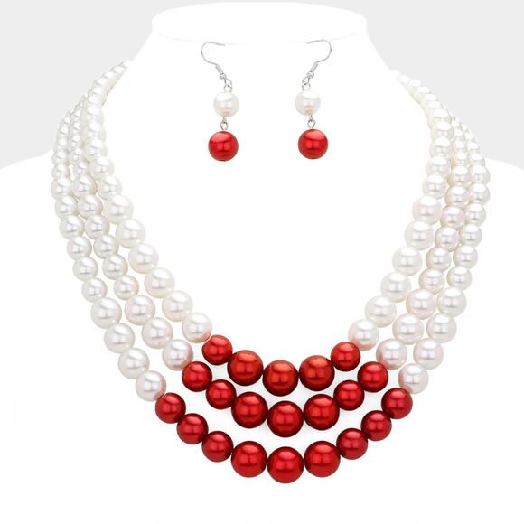 Pierced silver, white and red multi strand pearl necklace and earring set - Picture 1 of 4